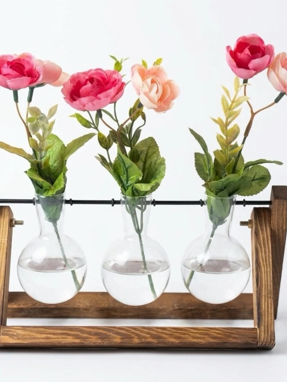 3-Bulb Glass Propagation Station on Wooden Stand for Indoor Plants